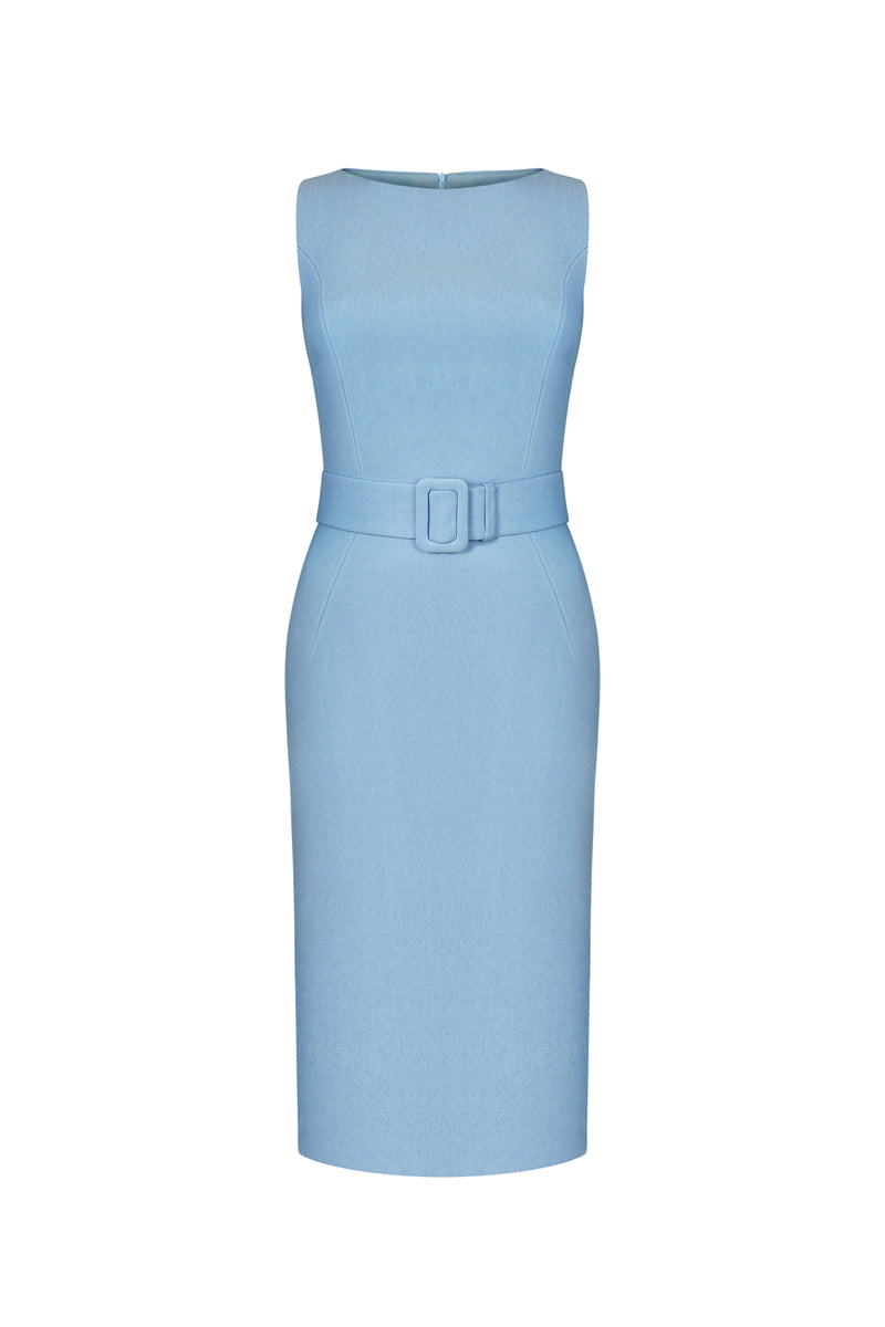 Light Blue Midi Dress – Elegant Business Dress with Belt M / Blue