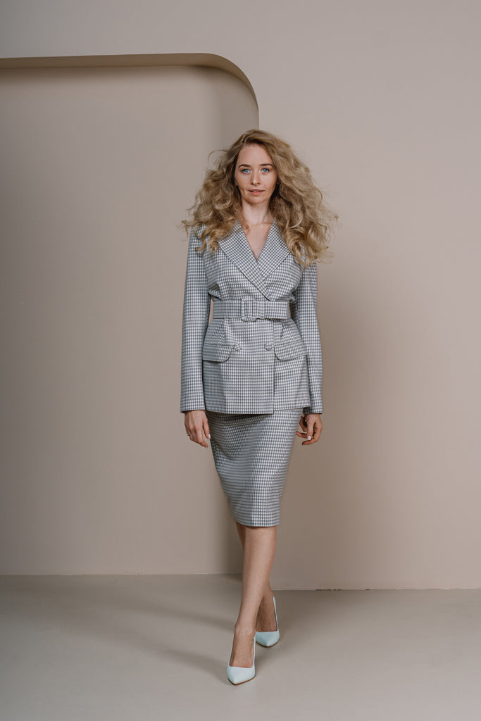 Pastel blue sheath dress with matching houndstooth blazer – side view
