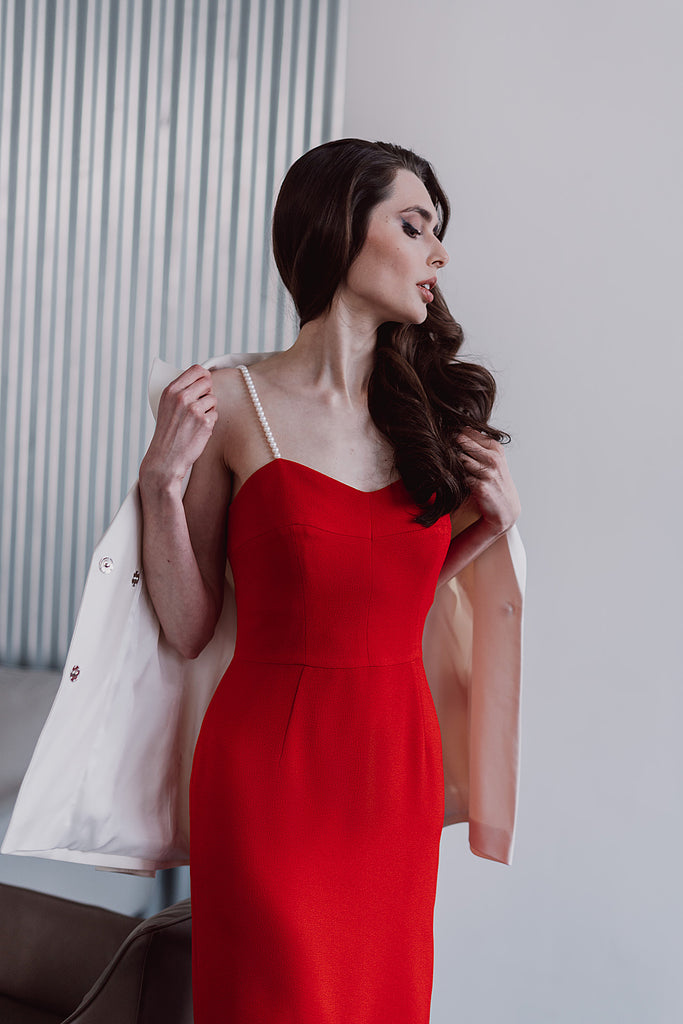 formal red dress nd white jacket. Limited collection by Anastasiia Ivanova