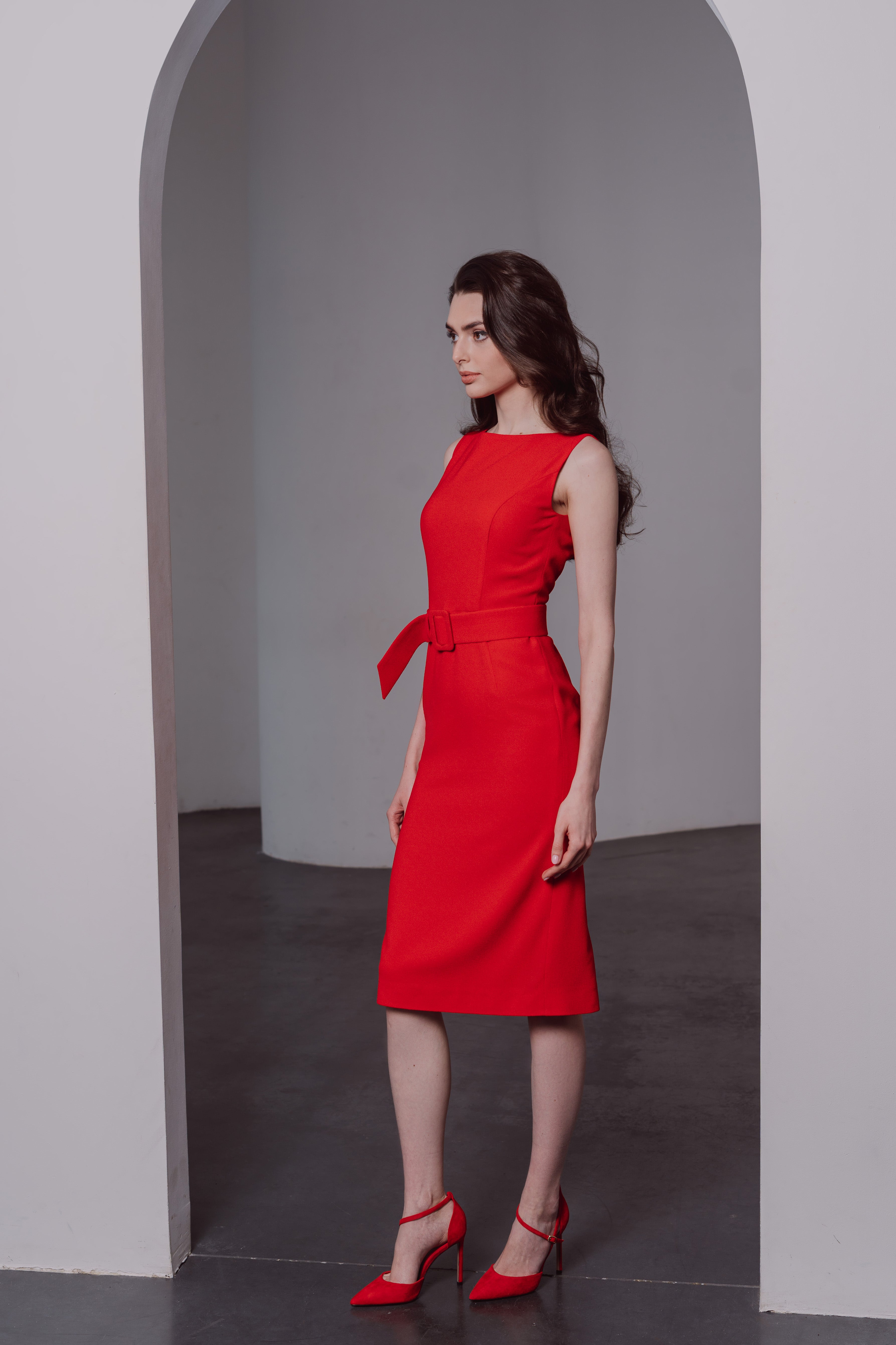 elegant red midi dress Scarlet Red Sculpt Knit Midi Dress
