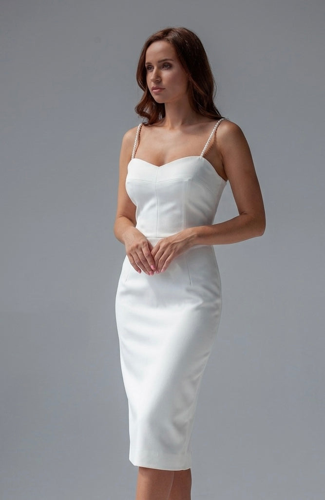 White Dress with Pearl Straps Minimalist Civil Wedding Reception Gown – ANASTASIIA IVANOVA