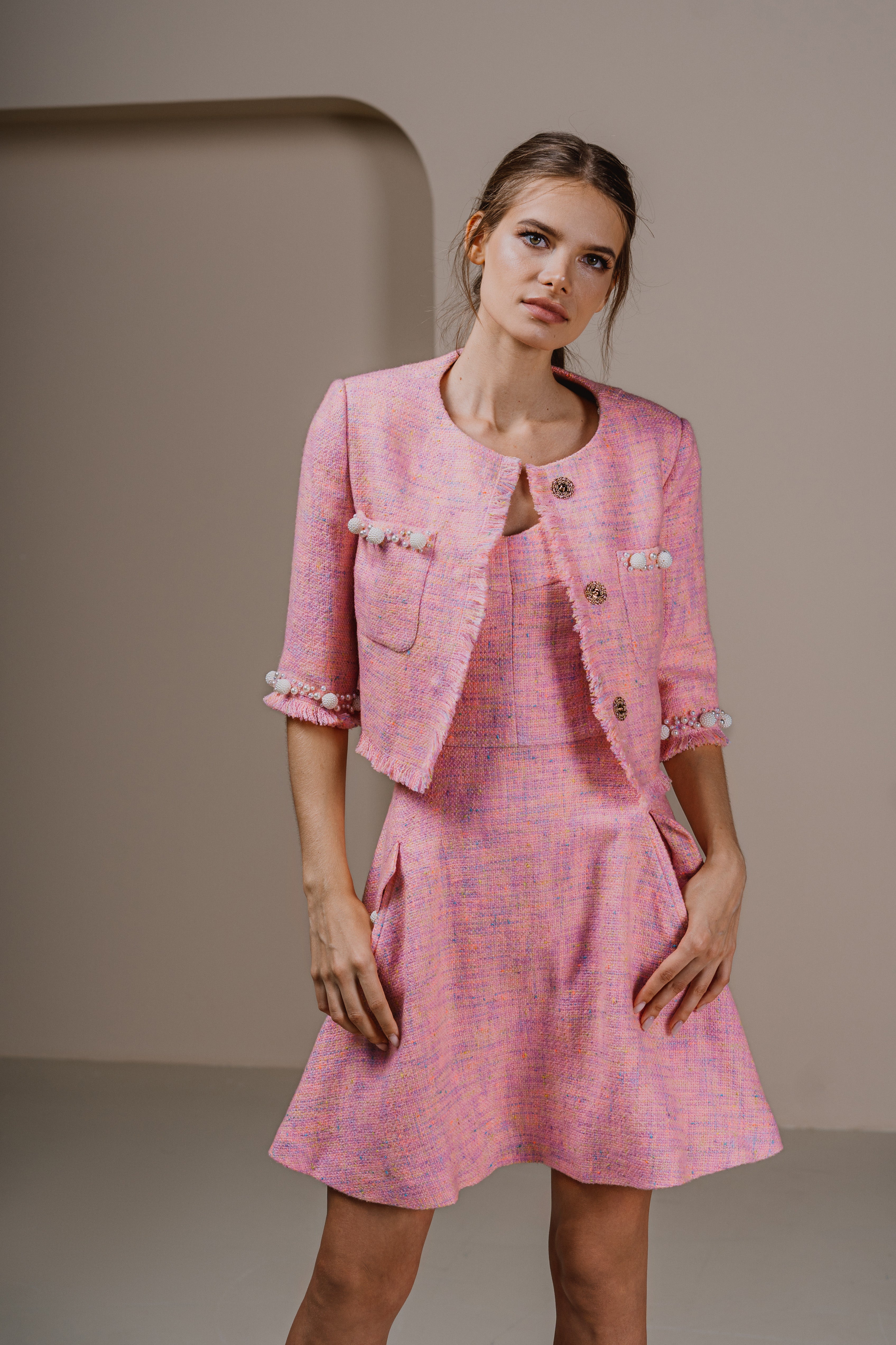 pink tweed dress and jacket Pink Tweed Jacket & Dress Outfit