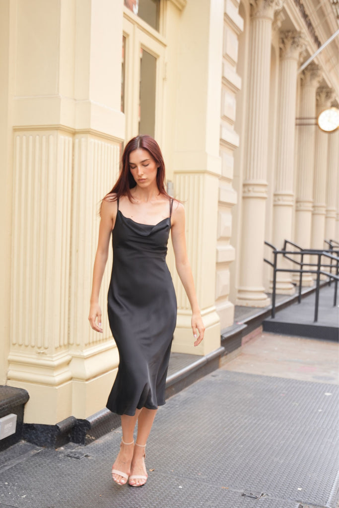 Black Silk Pearl Strap Slip Dress