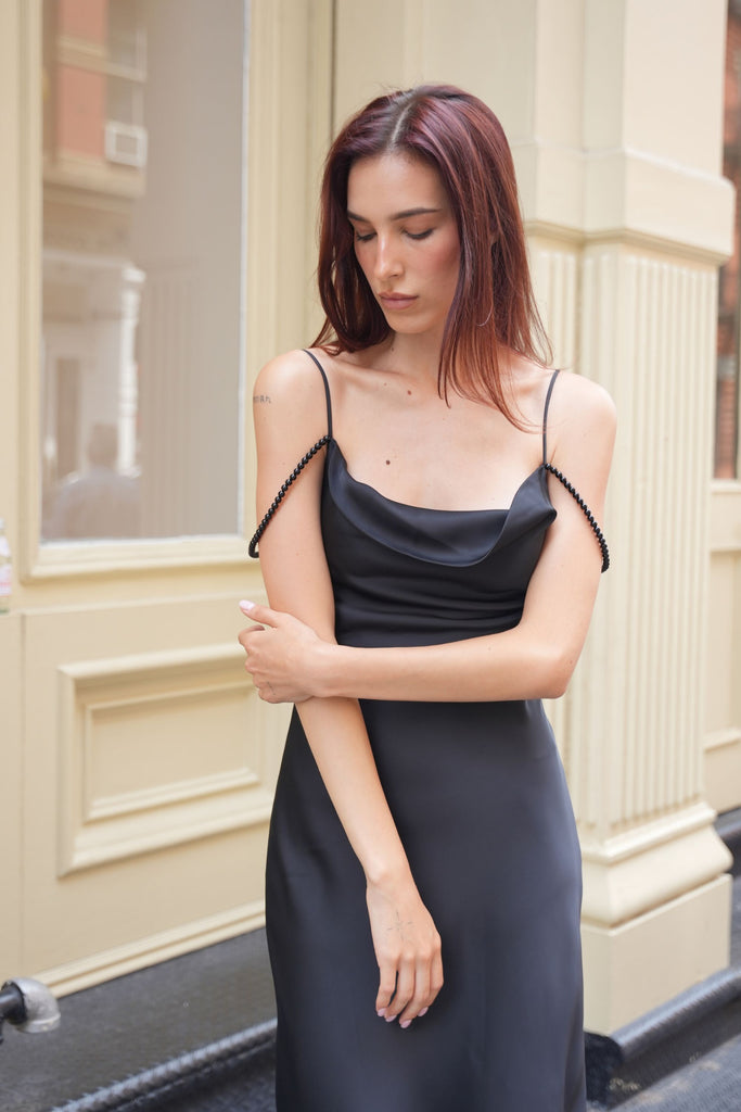 Black Silk Pearl Strap Slip Dress