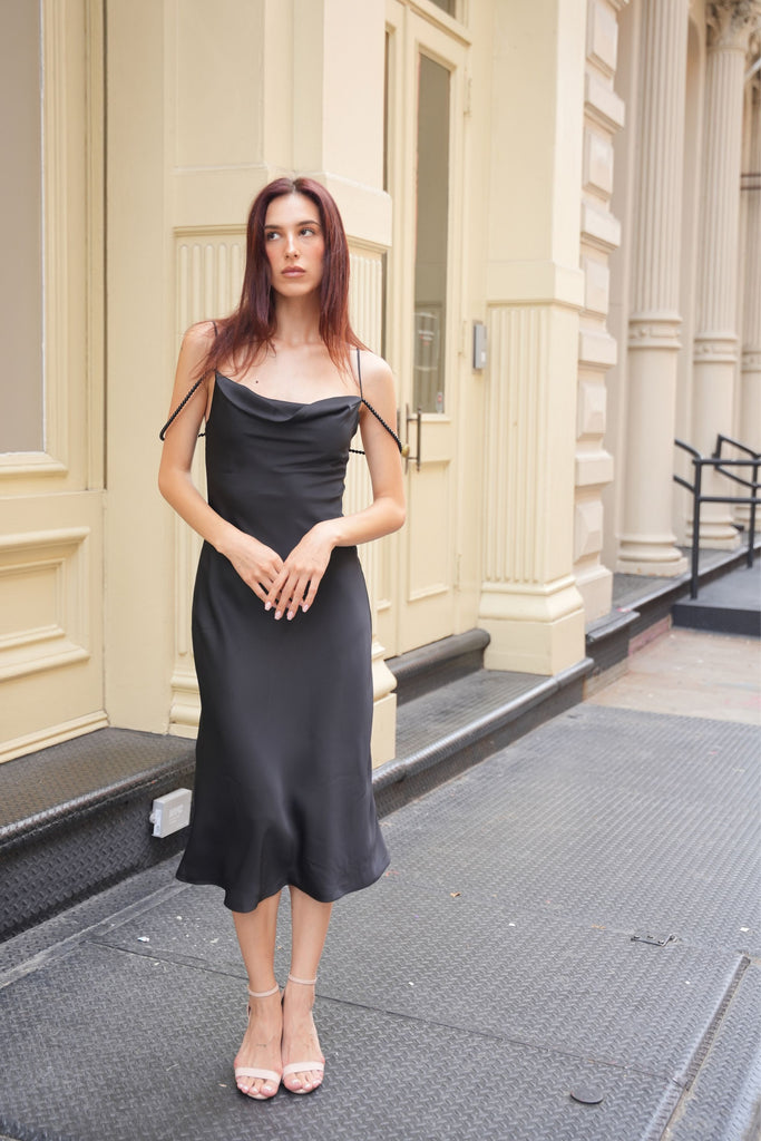 black midi slip dress New Noir enhanced by delicate lace trims midi black slip dress Black