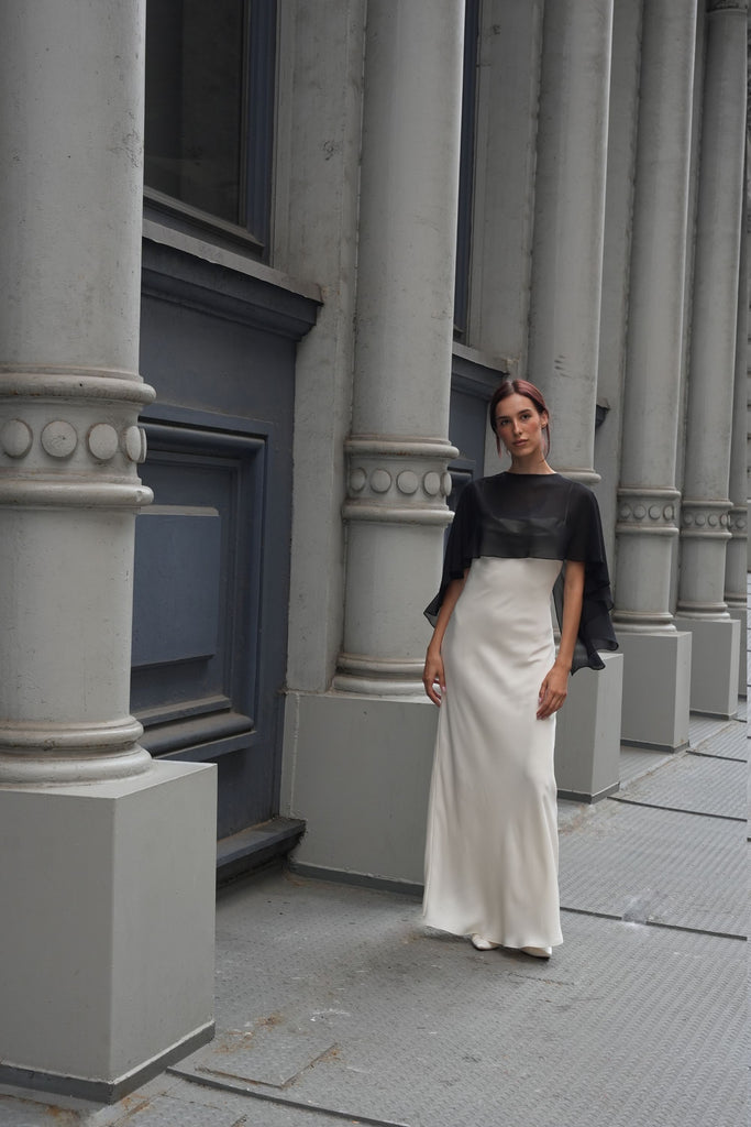 ivory black tie dress Silk Slip with Capelet fabric-PolyesterSpandex