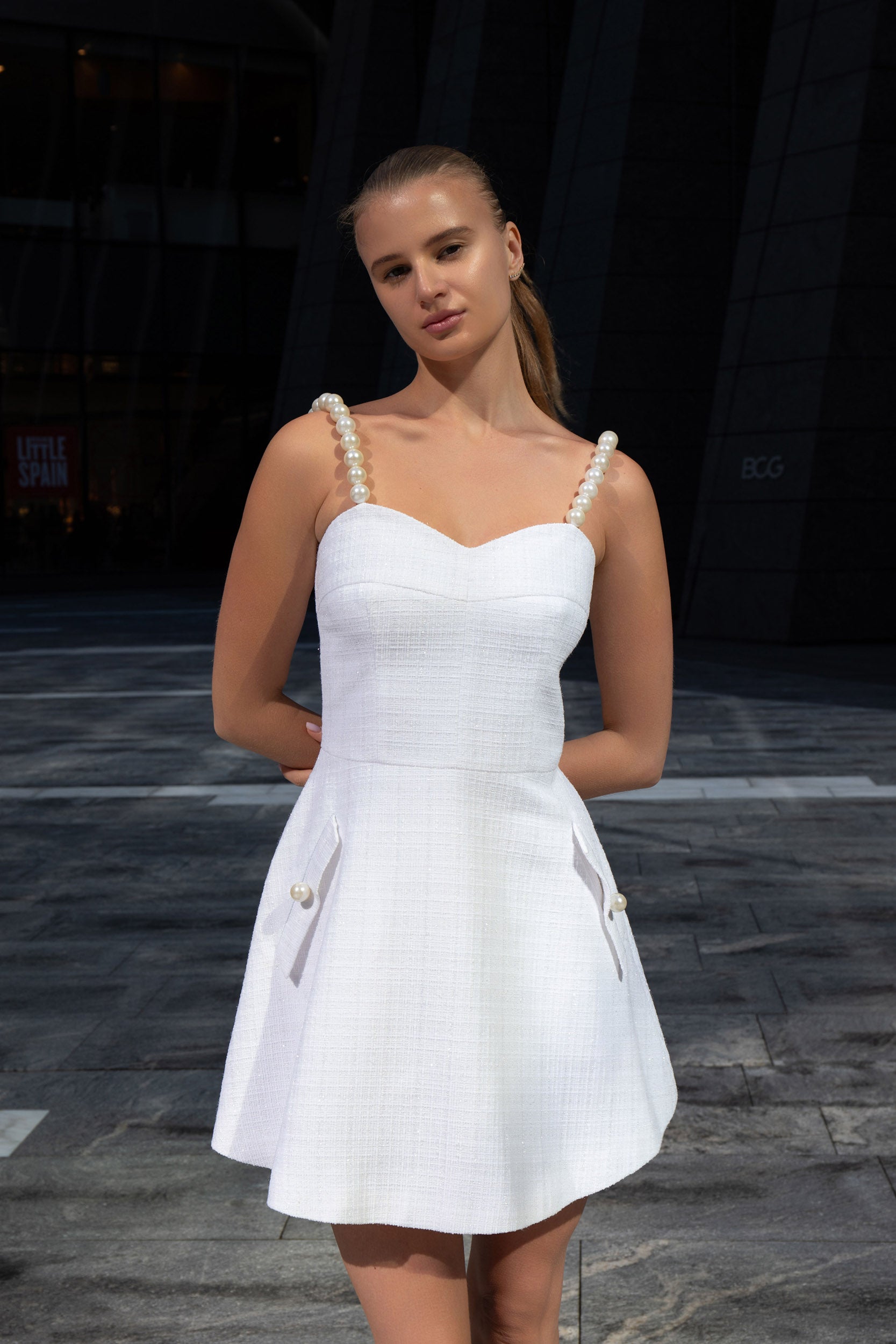 pearl rehearsal dinner dress Cloud Dress in Ivory Satin with Feather Embellishment